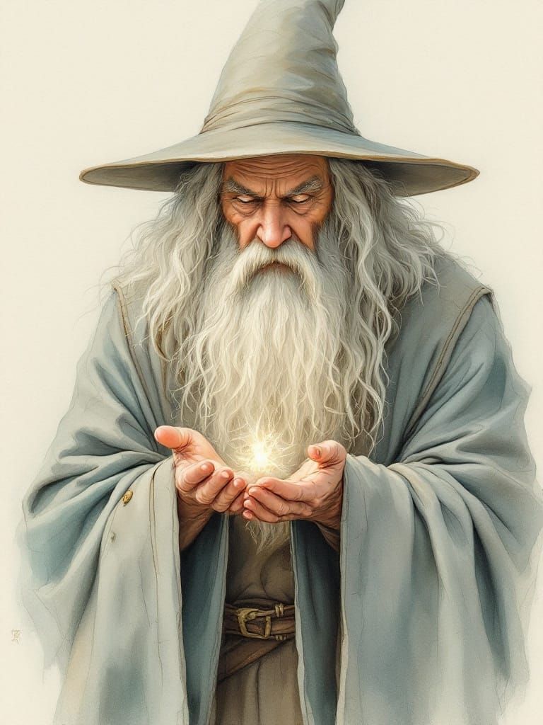 Gandalf Cradles Peregrin Took in Whimsical Watercolor