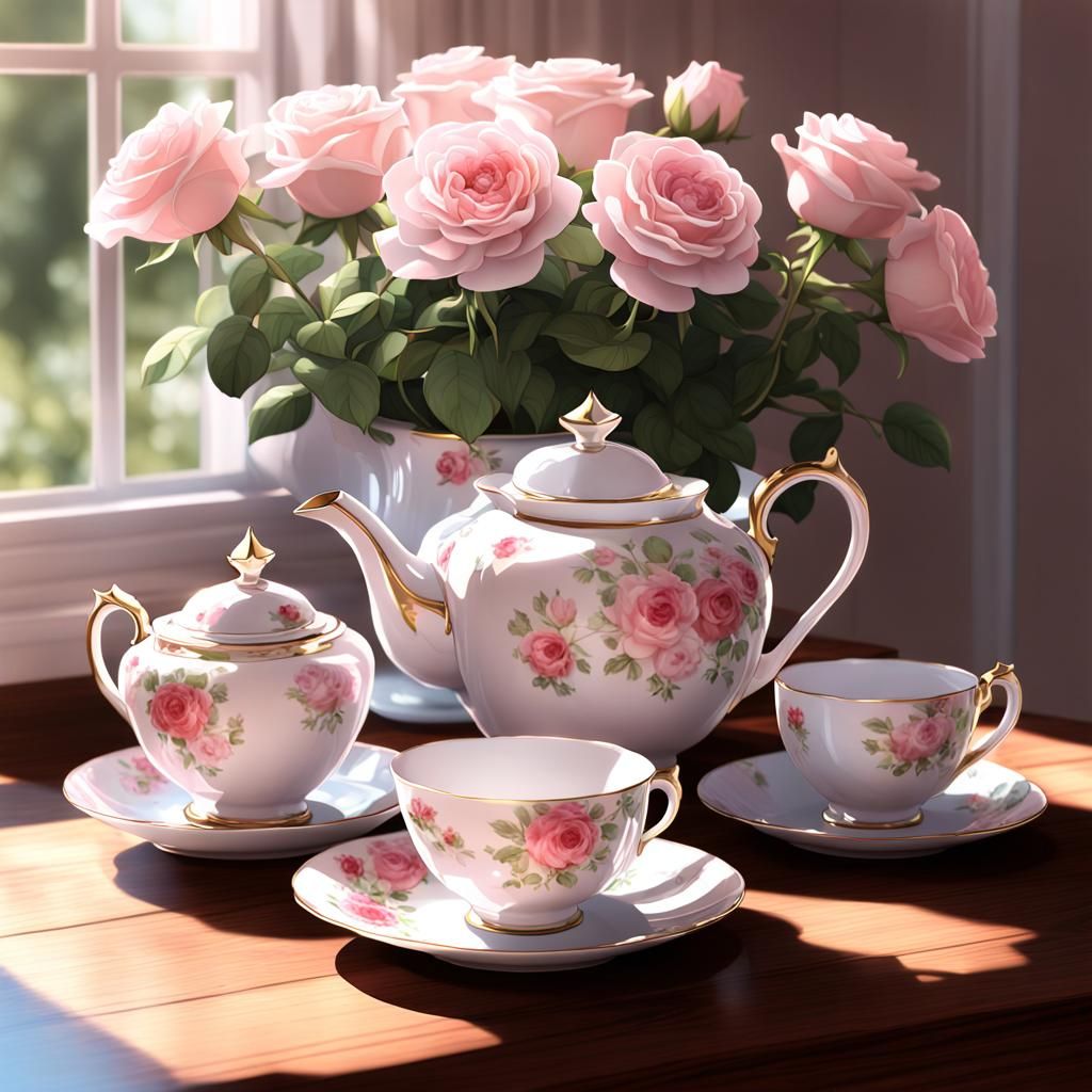 Elegant Afternoon Tea with Roses in Anime Style