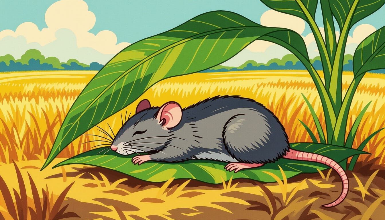 Gray Mouse Rests Under Green Leaf in Peaceful Field