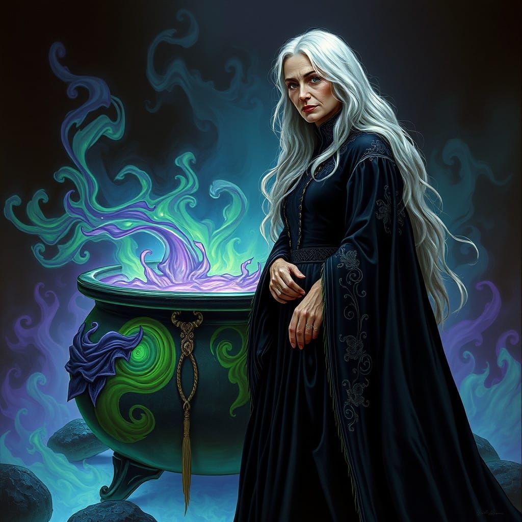 Ethereal Witch Stands Before Cauldron of Mystical Energy