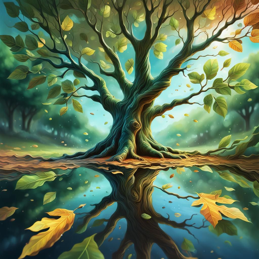 Hyperrealistic Tree Reflected in Colorful Leaves