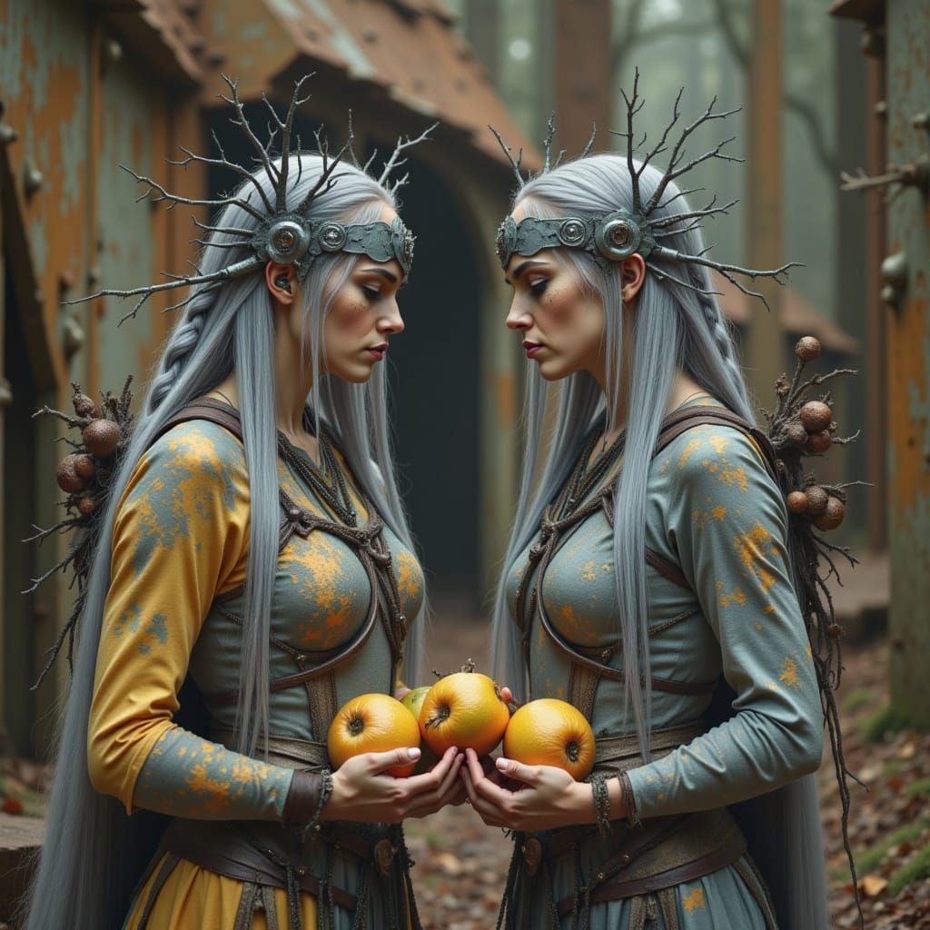 Druids with Decaying Fruit in Surreal Rustpunk World