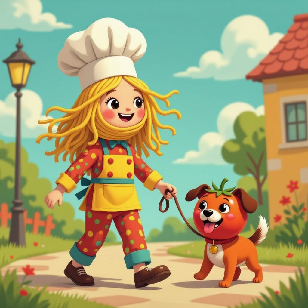 Spaghetti Person Walking Tomato Dog, Whimsical Art