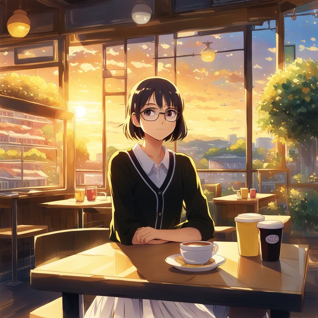 Anime Girl in Coffee Shop at Golden Hour
