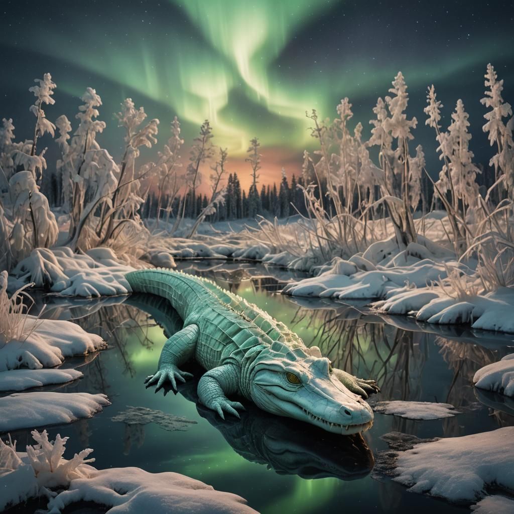Albino Alligator Made of Northern Lights