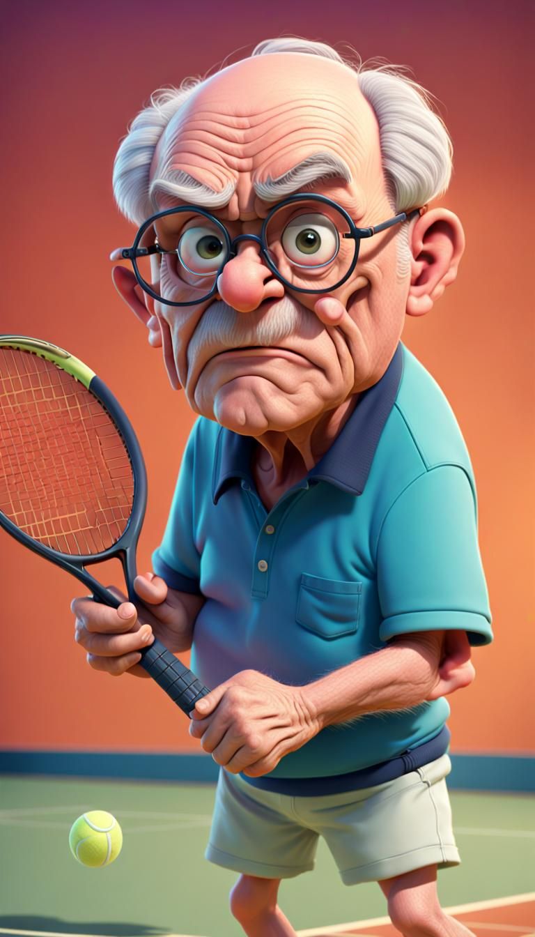 Grumpy Old Man Playing Tennis in Pixar Style