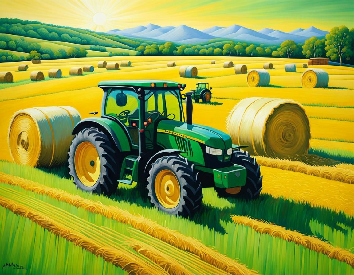 Hay Field Scene in Surrealist Gouache Acrylic Art