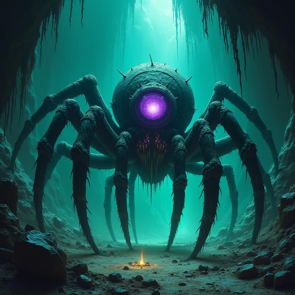 Colossal Spider in Underground Cavern, Biomechanical Surreal...