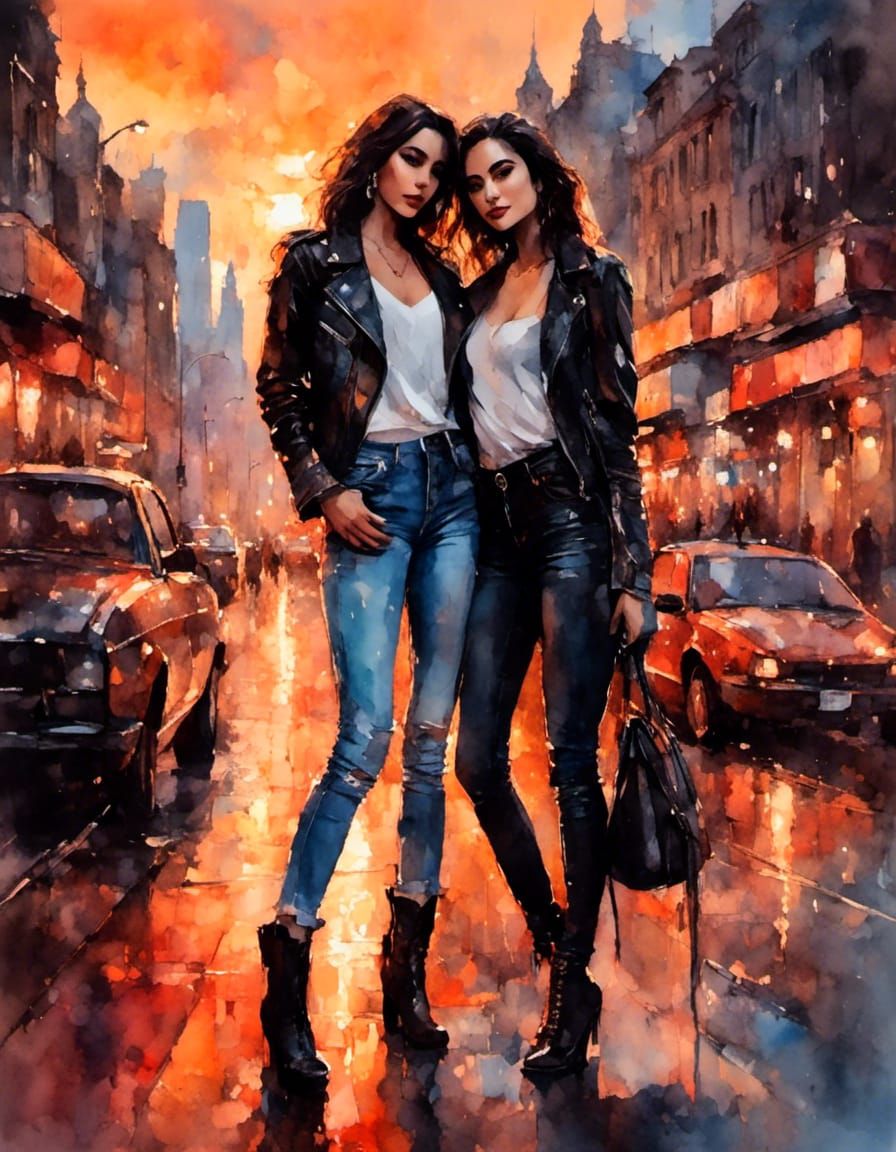 Lesbian Couple's Portrait at Sunset in Gouache