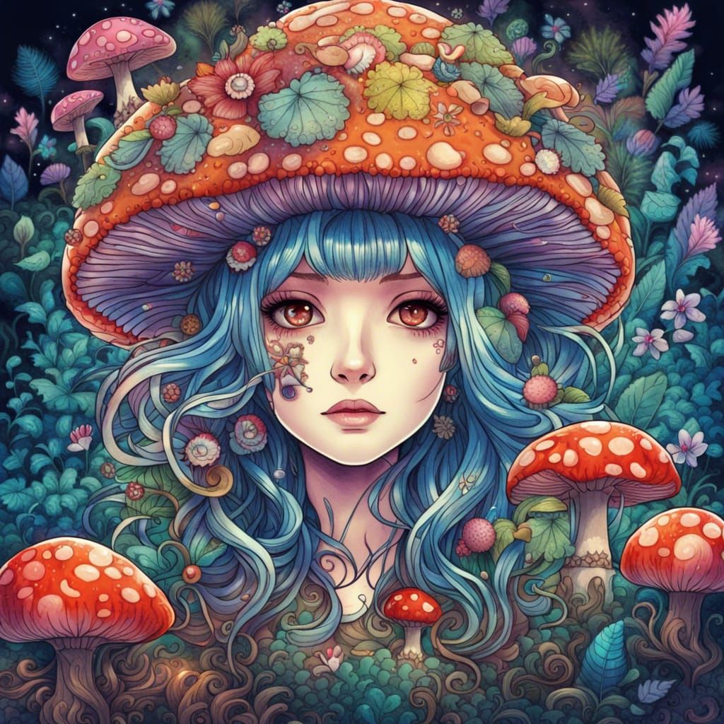 Psychedelic Mushroom with Human Face in Anime Style