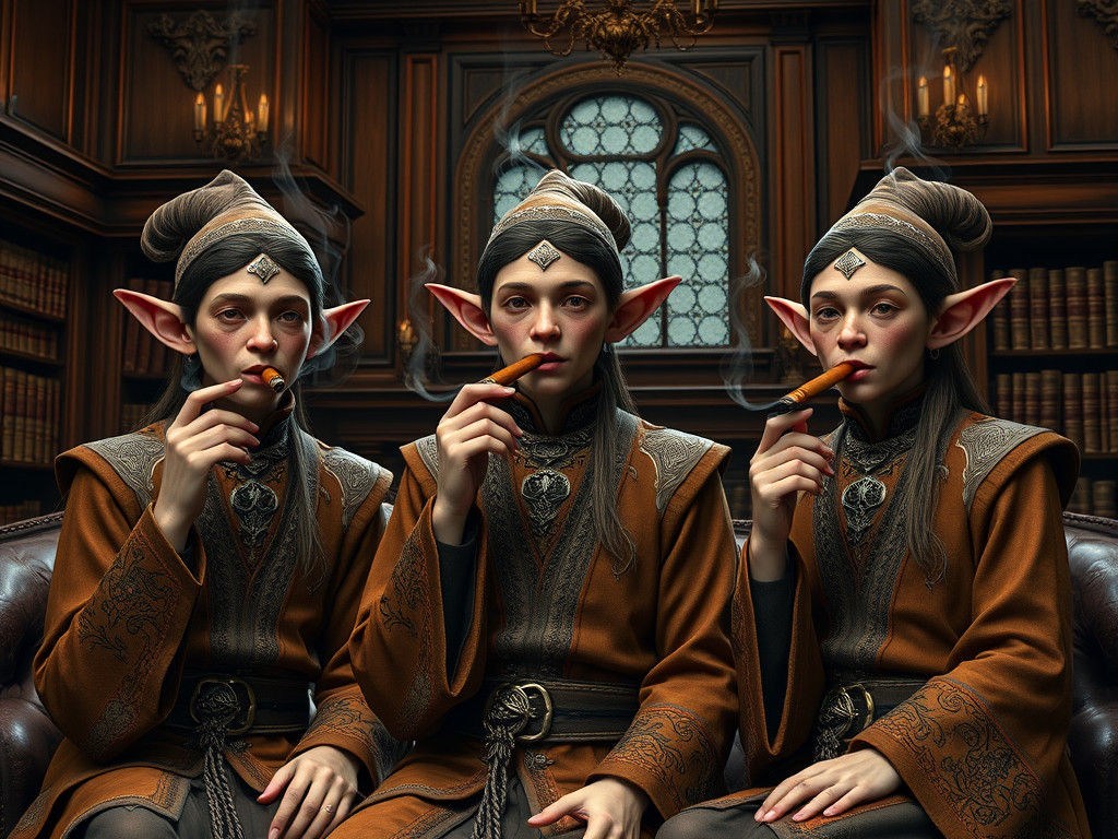 Elegant Elves Smoking Cigars in Victorian Study