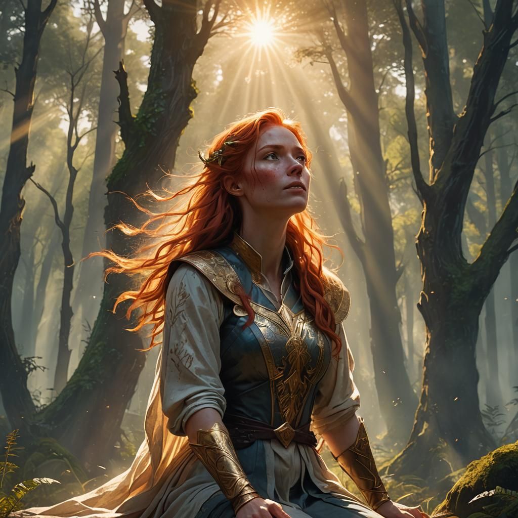 At the edge of a forest, a  long red  haired female , blue e...