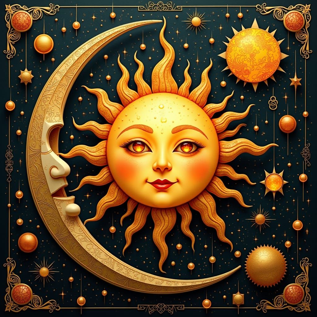 Celestial Sun and Moon in Art Nouveau Style
