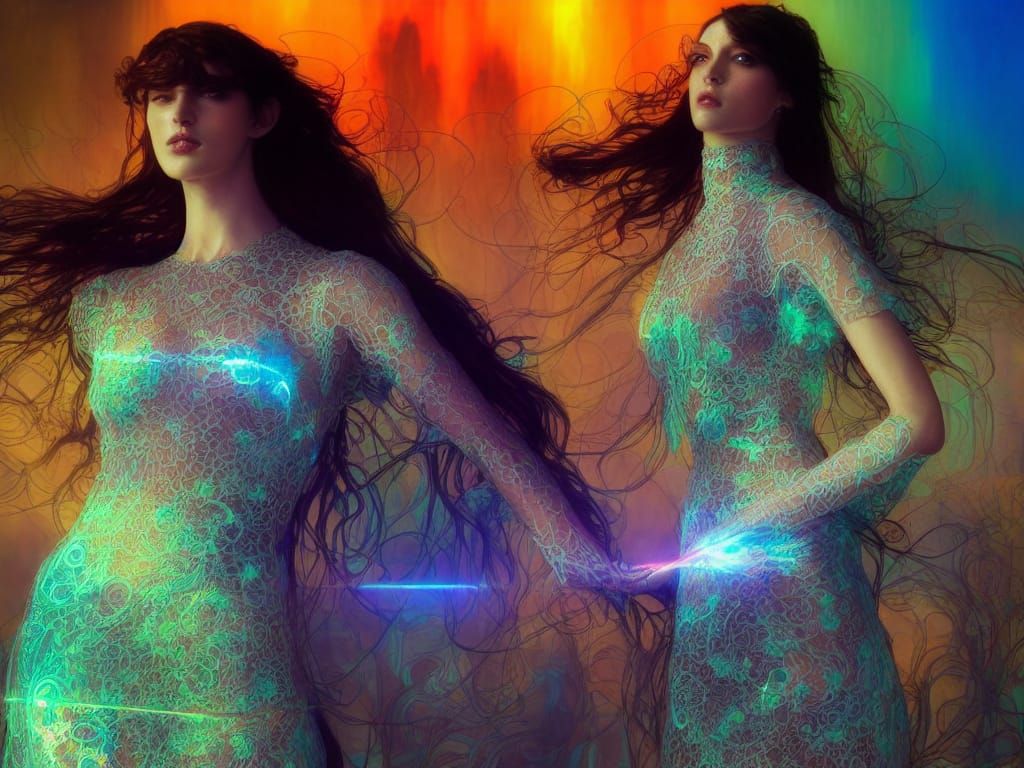 Cyberpunk Gypsy Women in Rainbow Lightning Gowns
