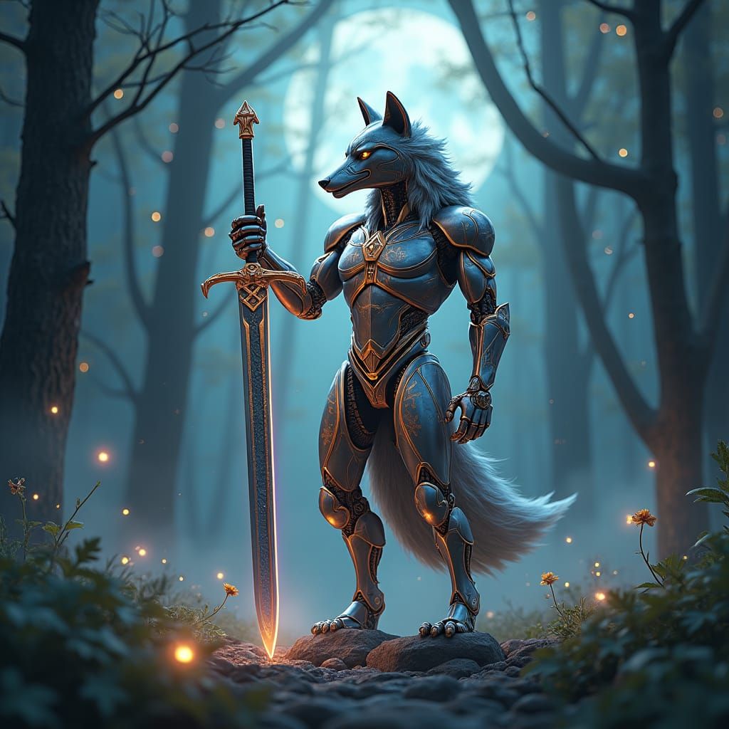 Robot Wolf with Glowing Sword in Moonlit Forest