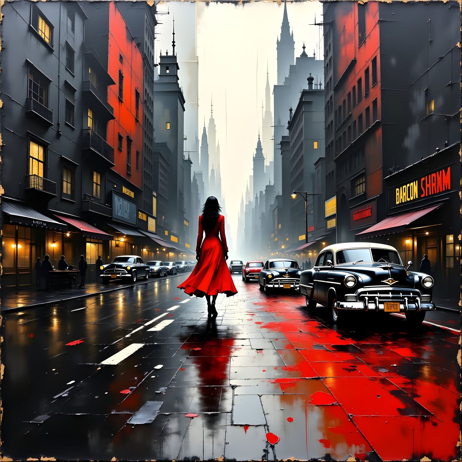 Woman in Red Coat: Noir Impasto Cityscape