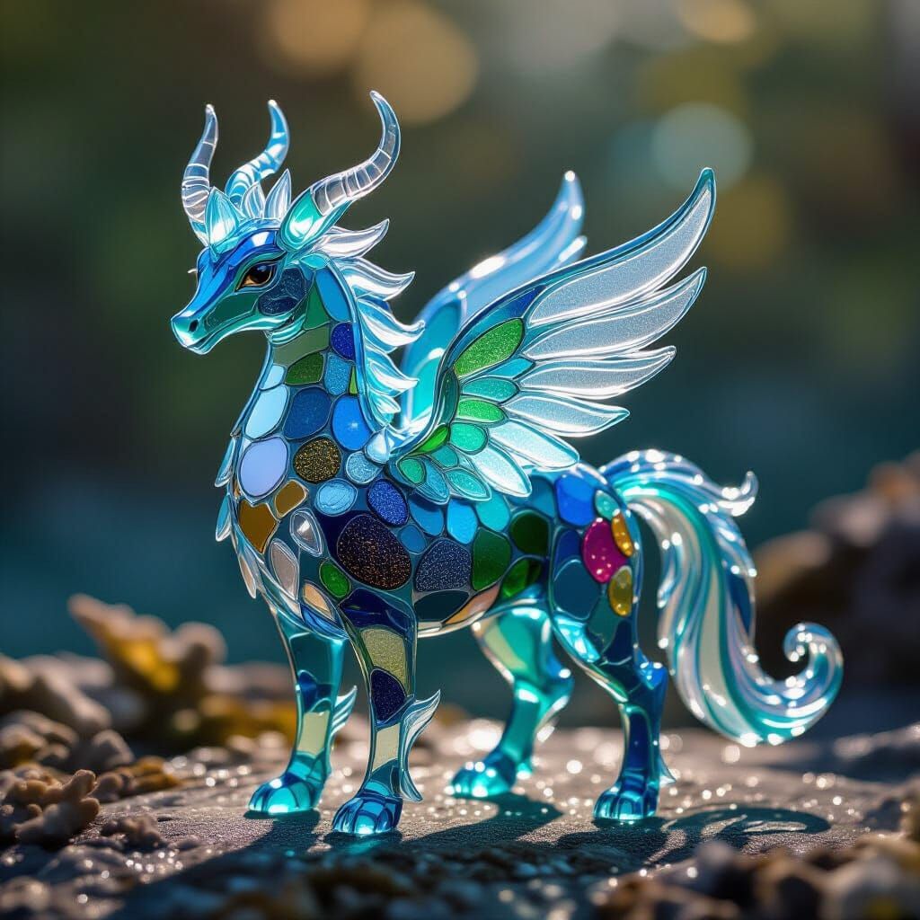 A mythical creature crafted from polished ocean glass in eve...