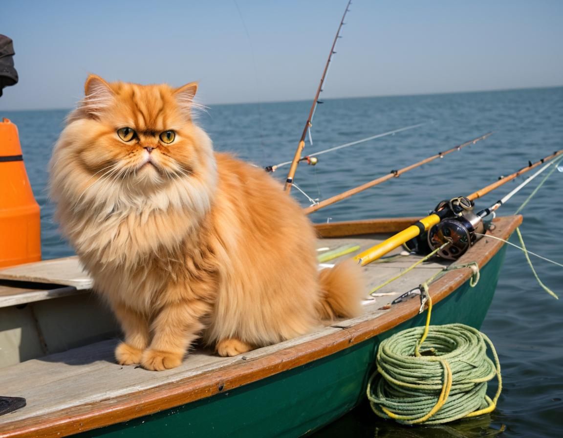 Orange Persian Cat Fishing from Rowboat