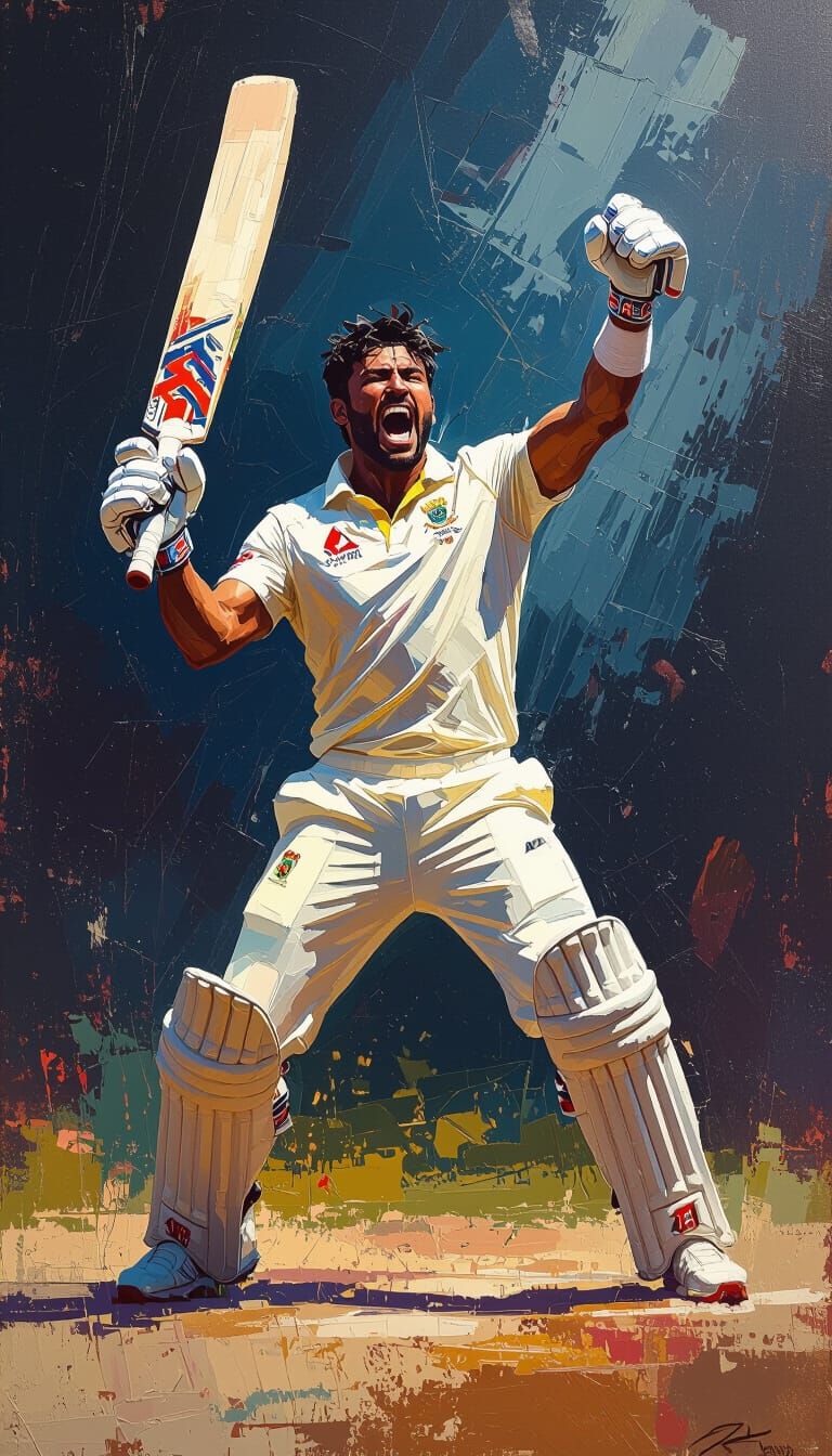Cricket Player's Triumphant Celebration as Impasto Painting