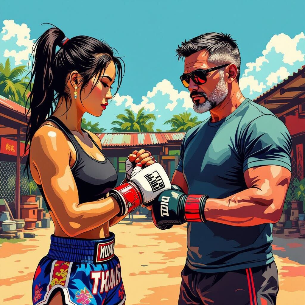 Muay Thai Training Scene in Gritty Street Art Style