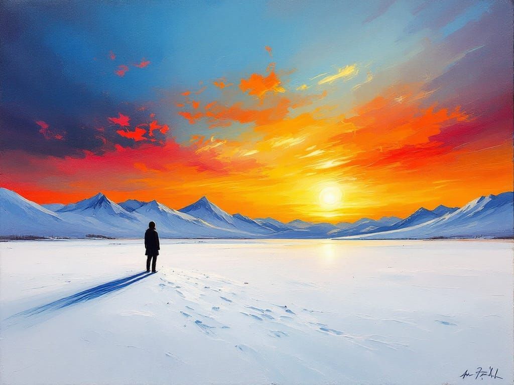 Lone Figure Gazes at Sunset Over Snowy Mountains