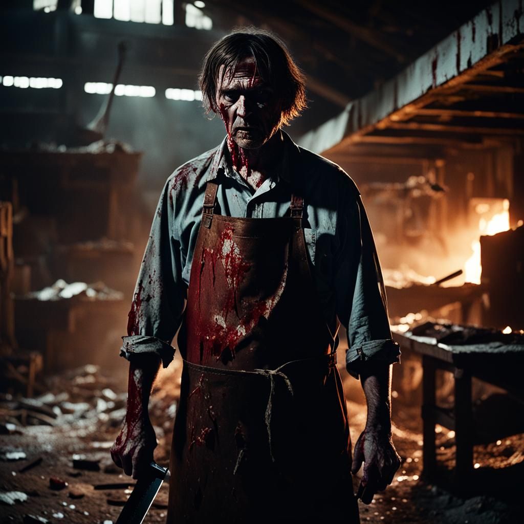 Horror Killer with Machete in Slaughterhouse