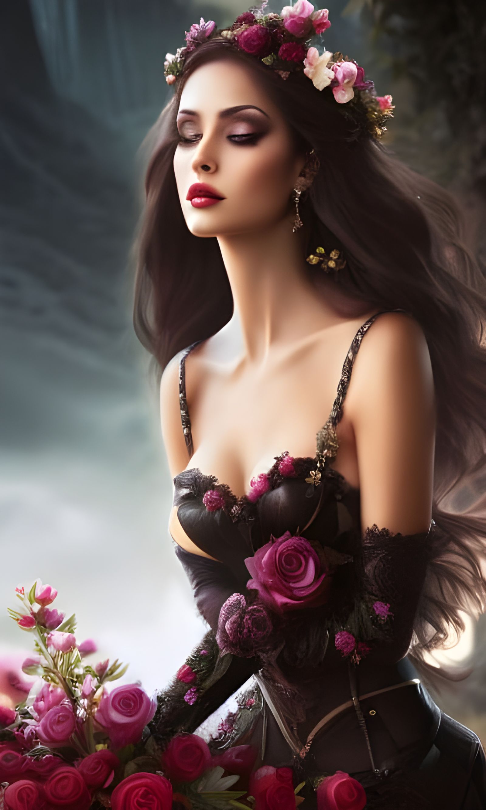 Blonde Woman with Black Rose: Hyperrealistic Digital Art