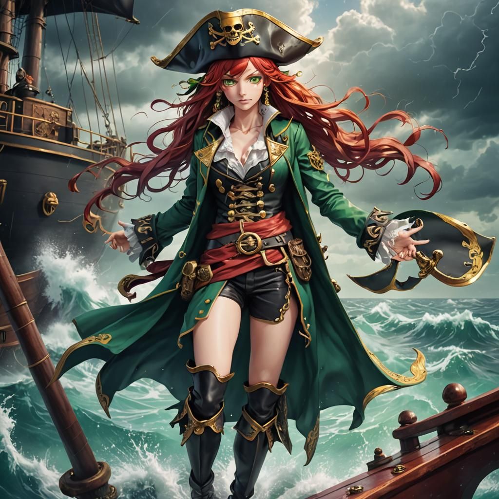 Anime Pirate Woman on Stormy Seas: Hyper-Realistic Illustrat...