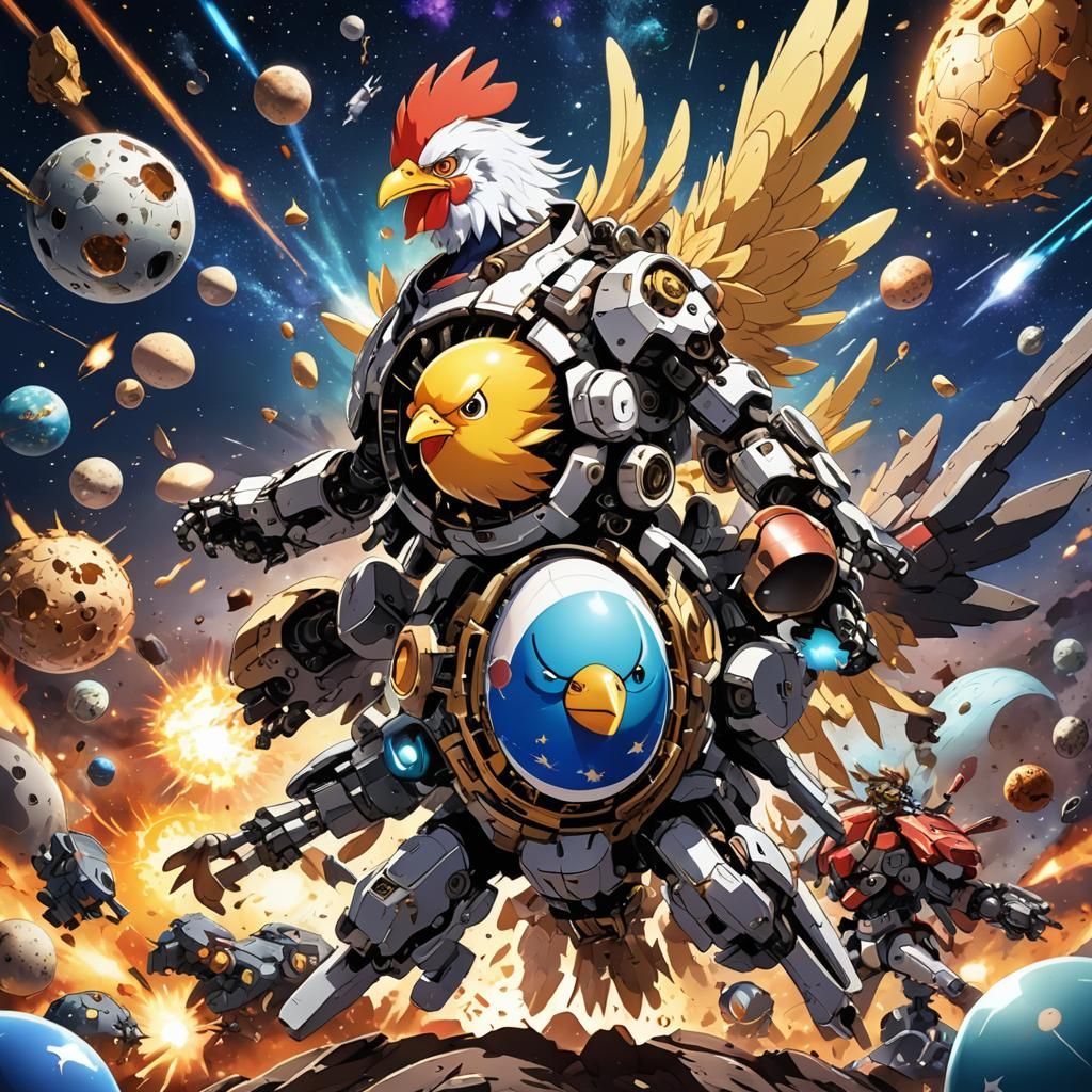 Mechanical Egg vs Chicken in Anime Style