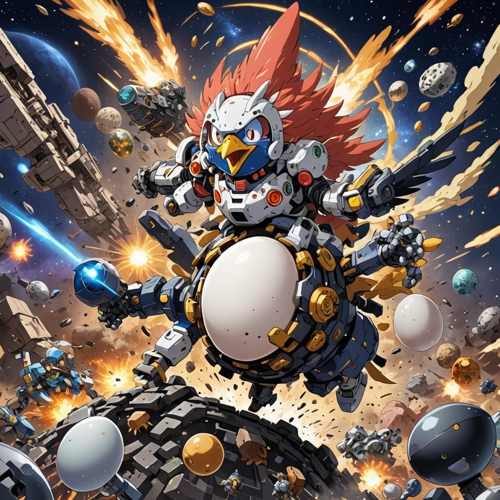 Mechanical Egg vs Chicken in Anime Style