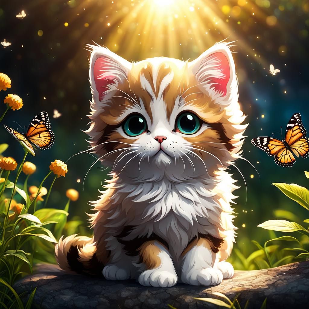 Chibi Cat and Butterfly in Stardust Sunlight