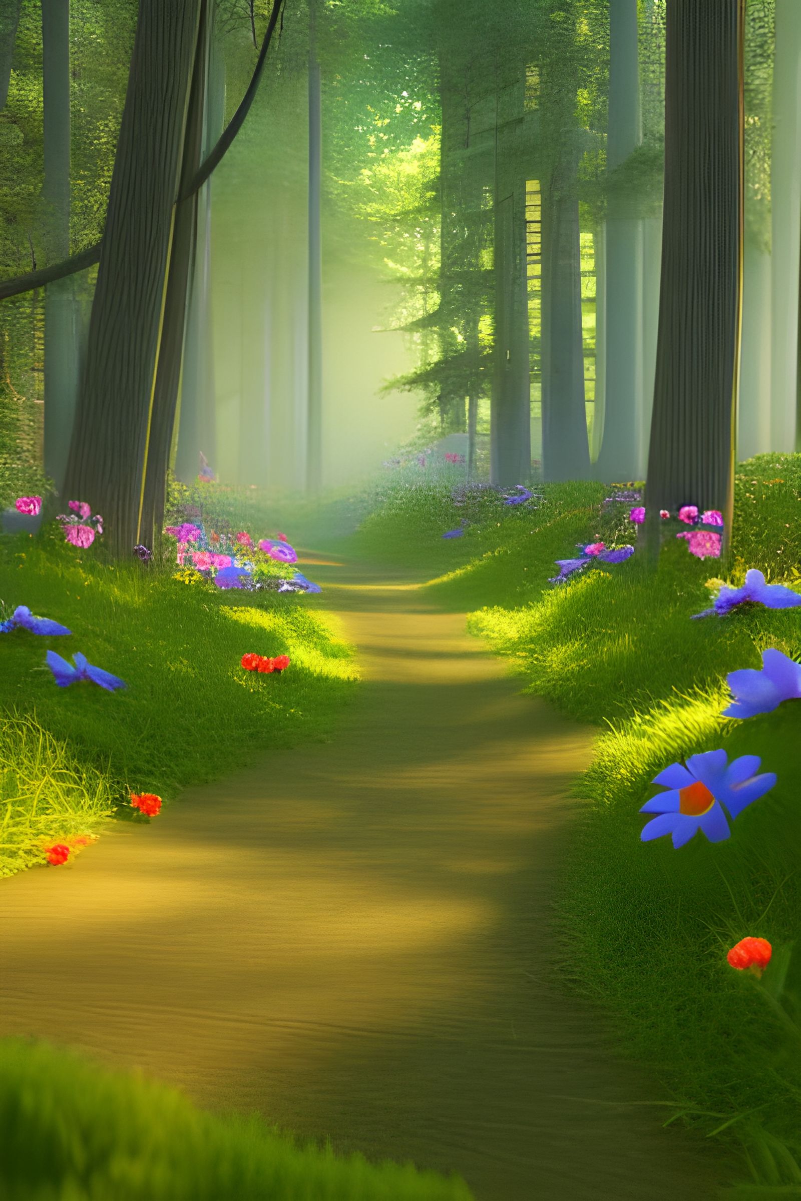 A path through the forest with flowers, hyperrealism photore...