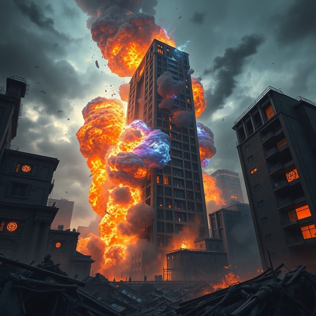 Exploding Building in Ruined City: Hyper-Realistic Dark Fant...