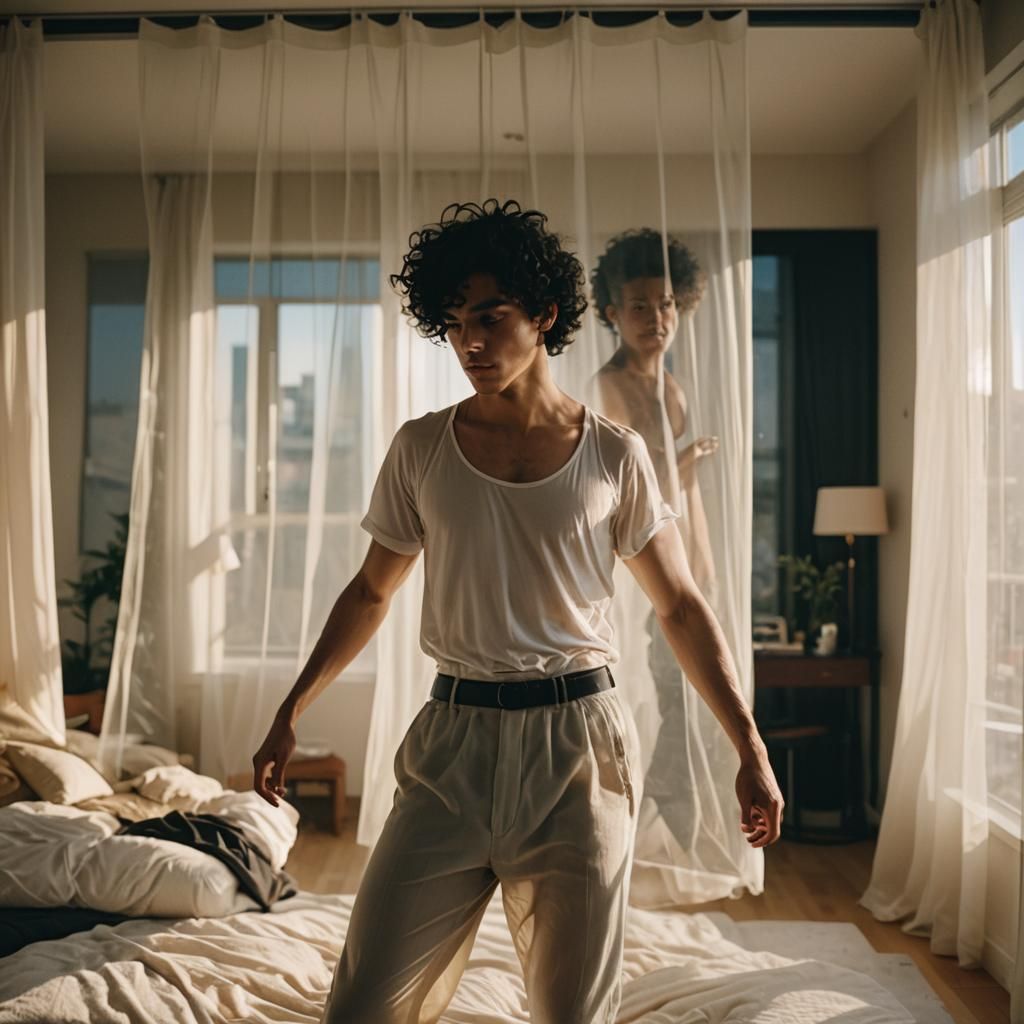 Boy in Glass Apartment: Cinematic Film Still