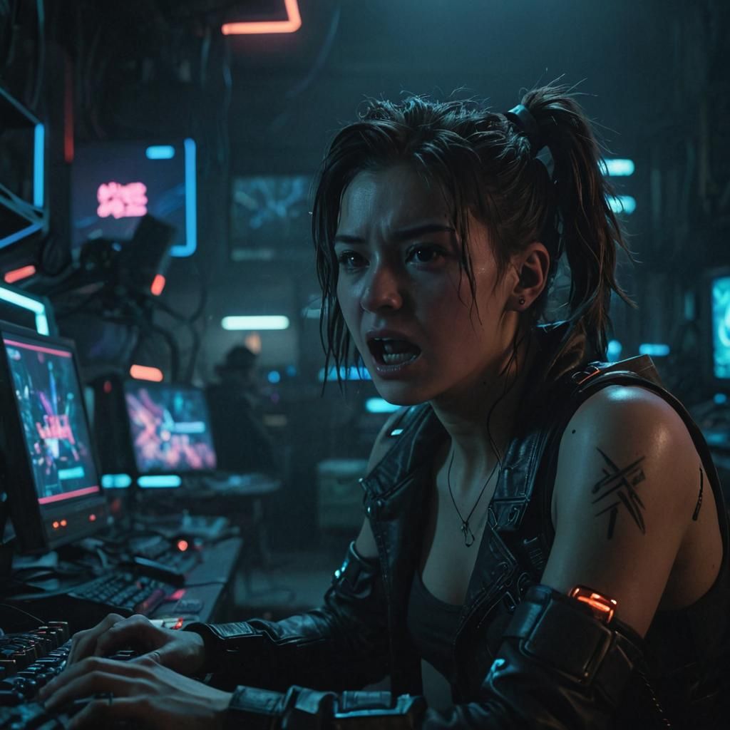 Cyberpunk Gamer's Frustration: A Cinematic Close-Up