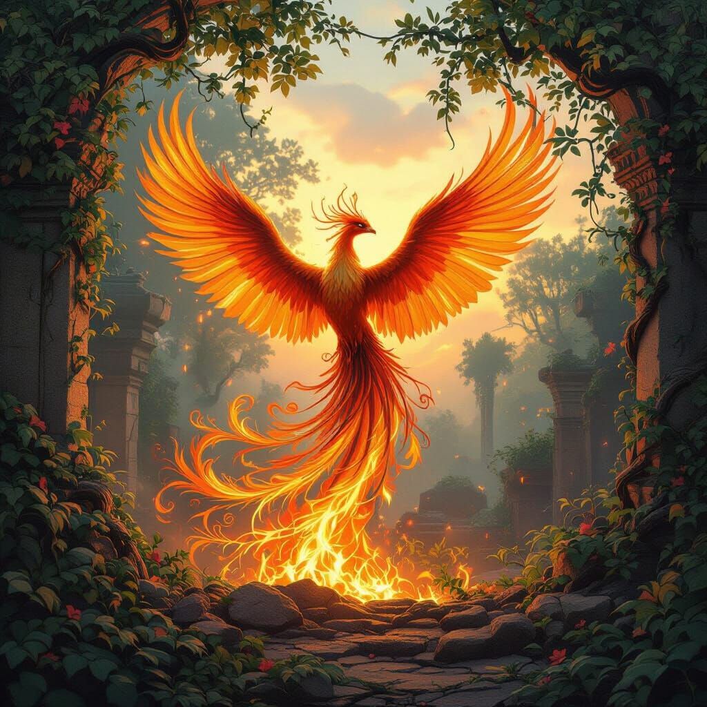 Phoenix Rising from Temple Ruins in Hyperrealistic Style