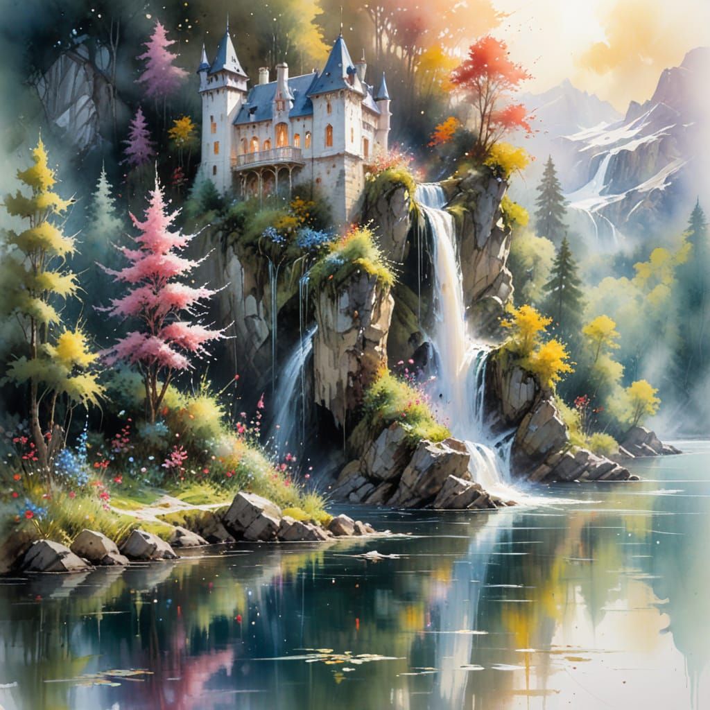 Surreal Watercolour Castle in Vibrant Forest Landscape