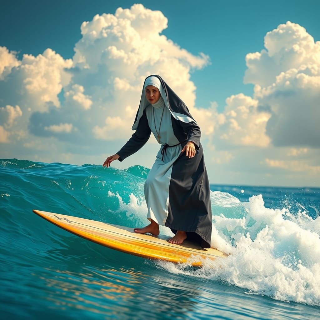 Surfing Nun in Tropical Paradise