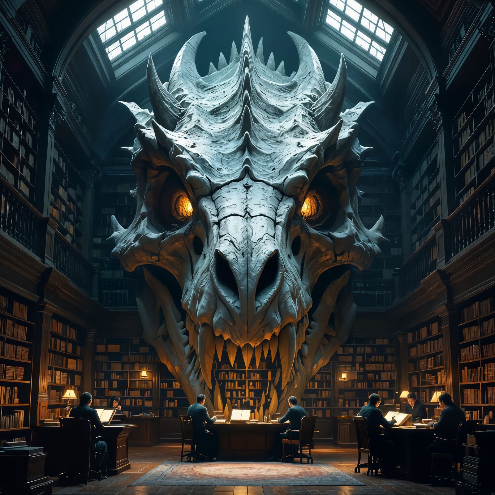 Dragon Skull Library in Dark Fantasy Style