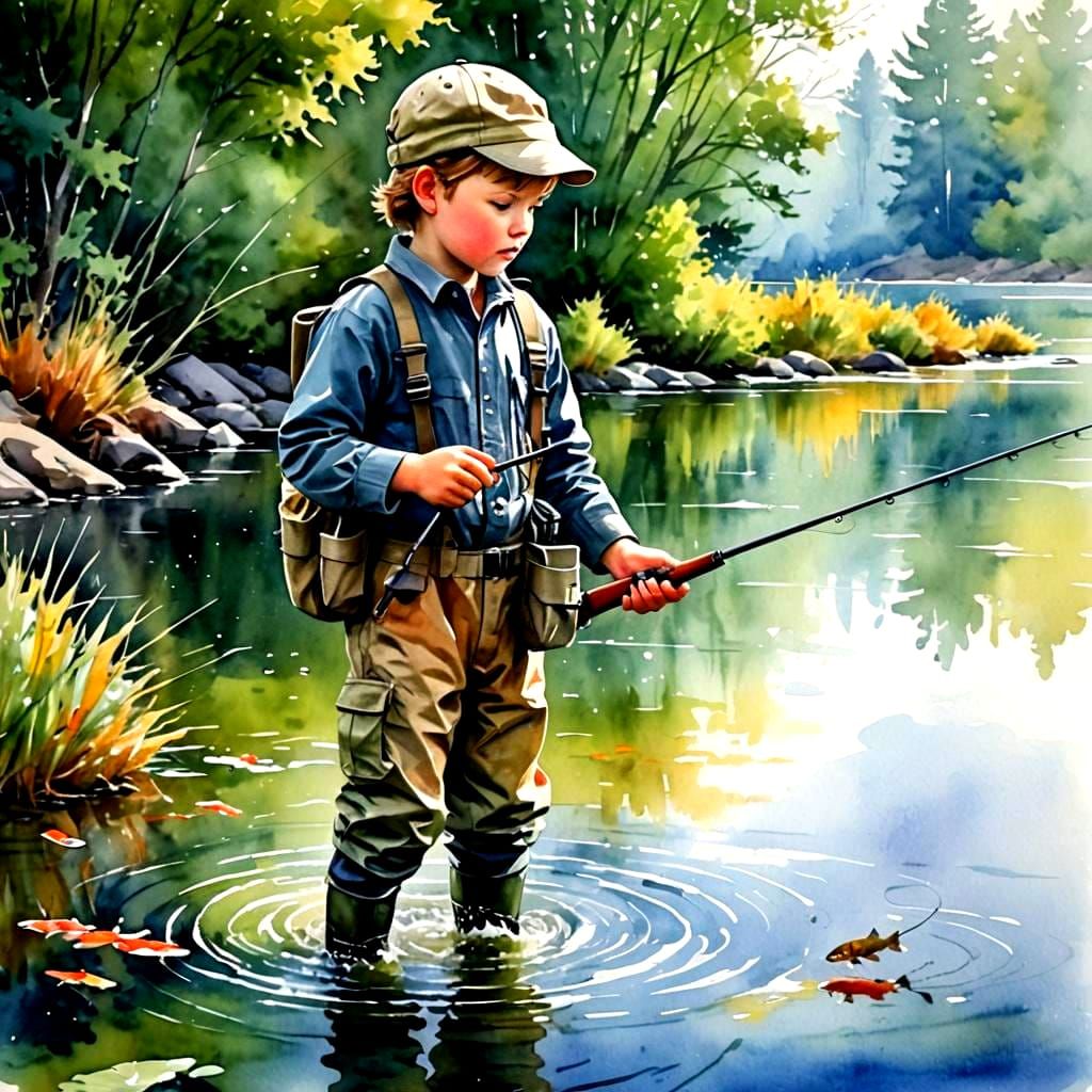 Child Fly Fishing in Watercolor Style