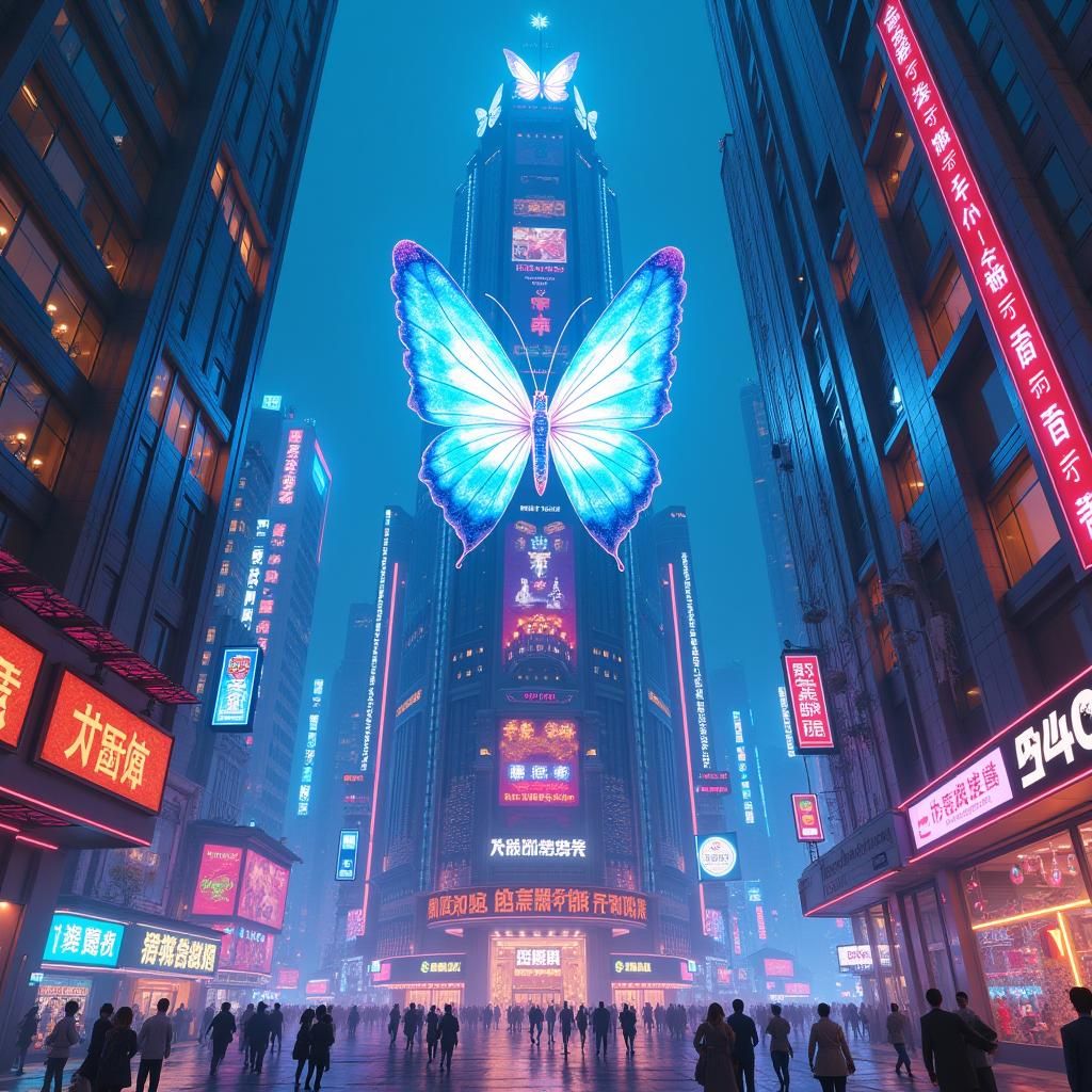 Cyberpunk Bank with Neon Butterflies in Manga Style