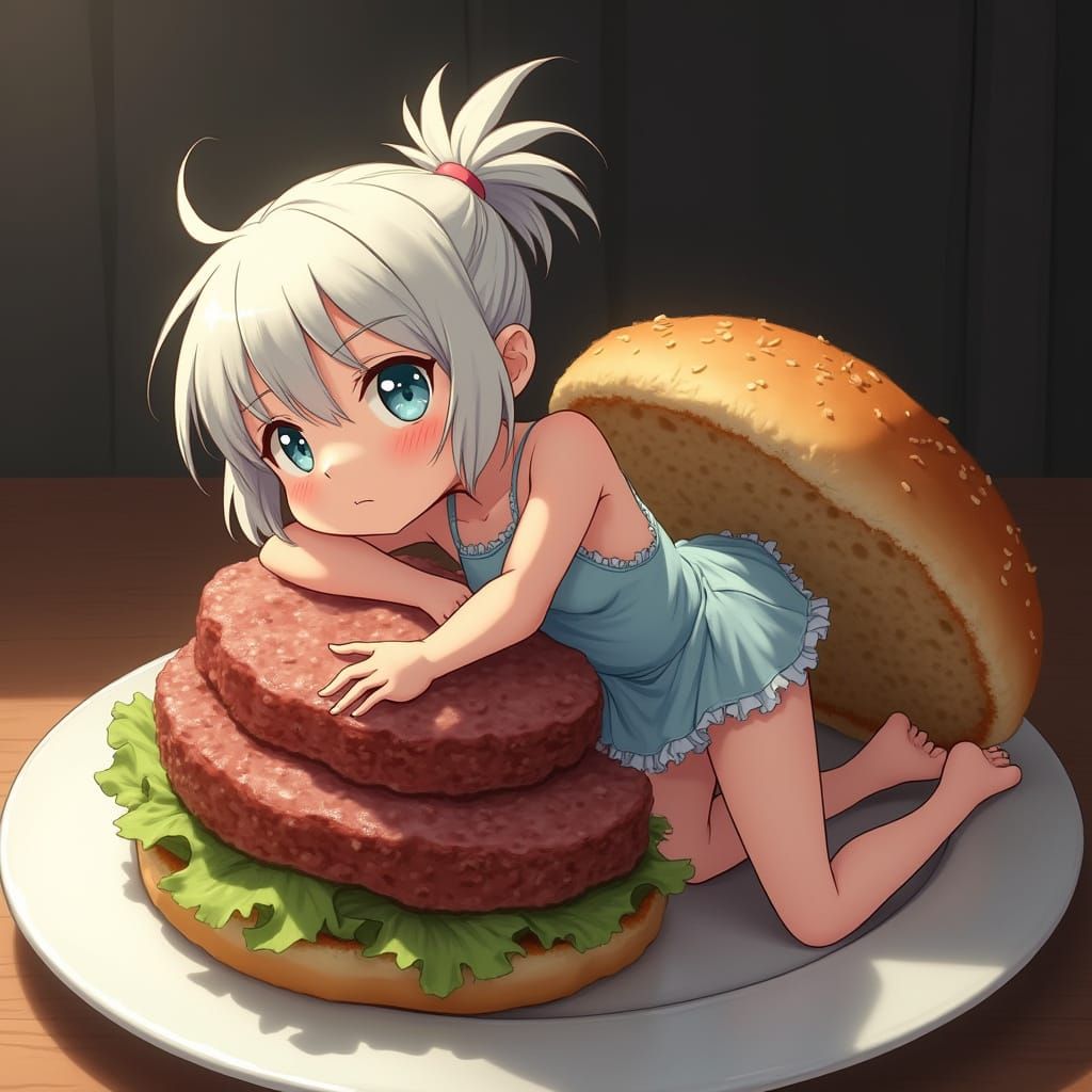 Tiny Teenage Girl on a Giant Burger in Anime Style