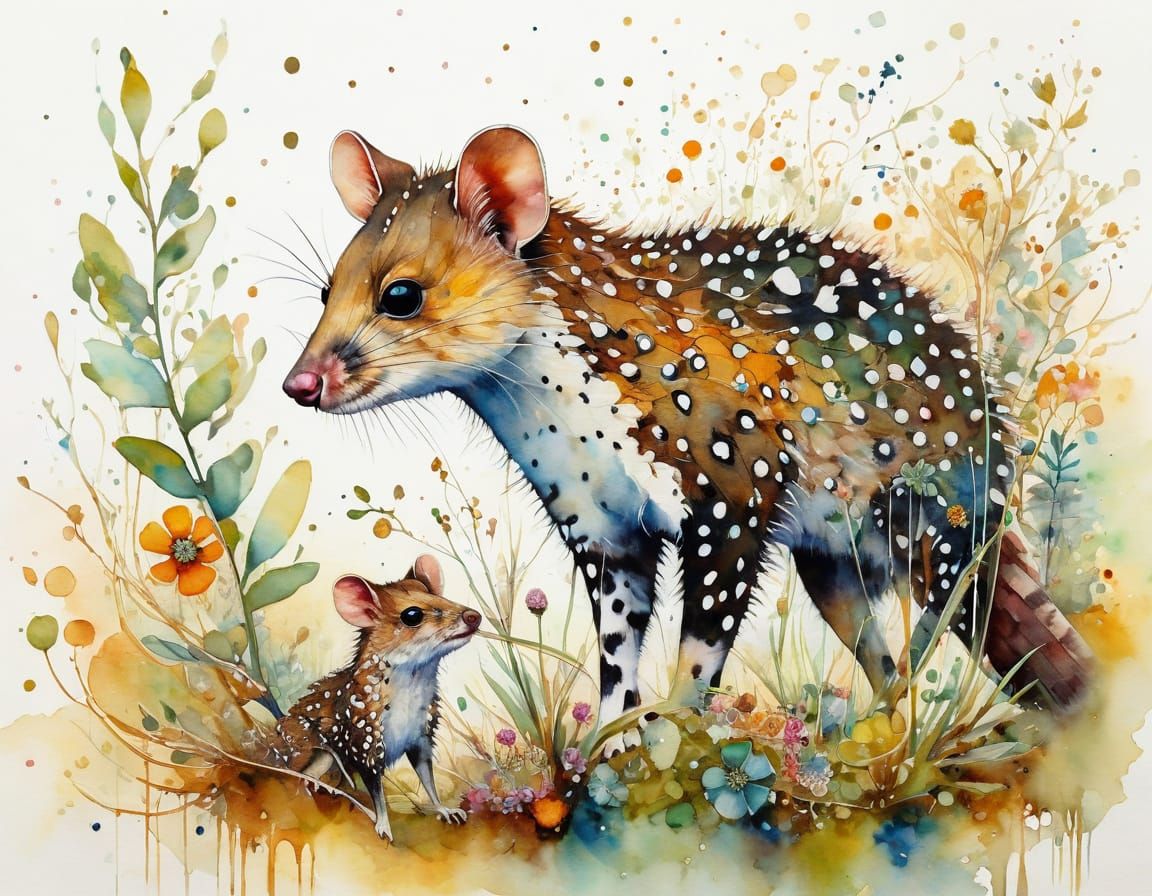 Whimsical Quoll Family in Outback Watercolor