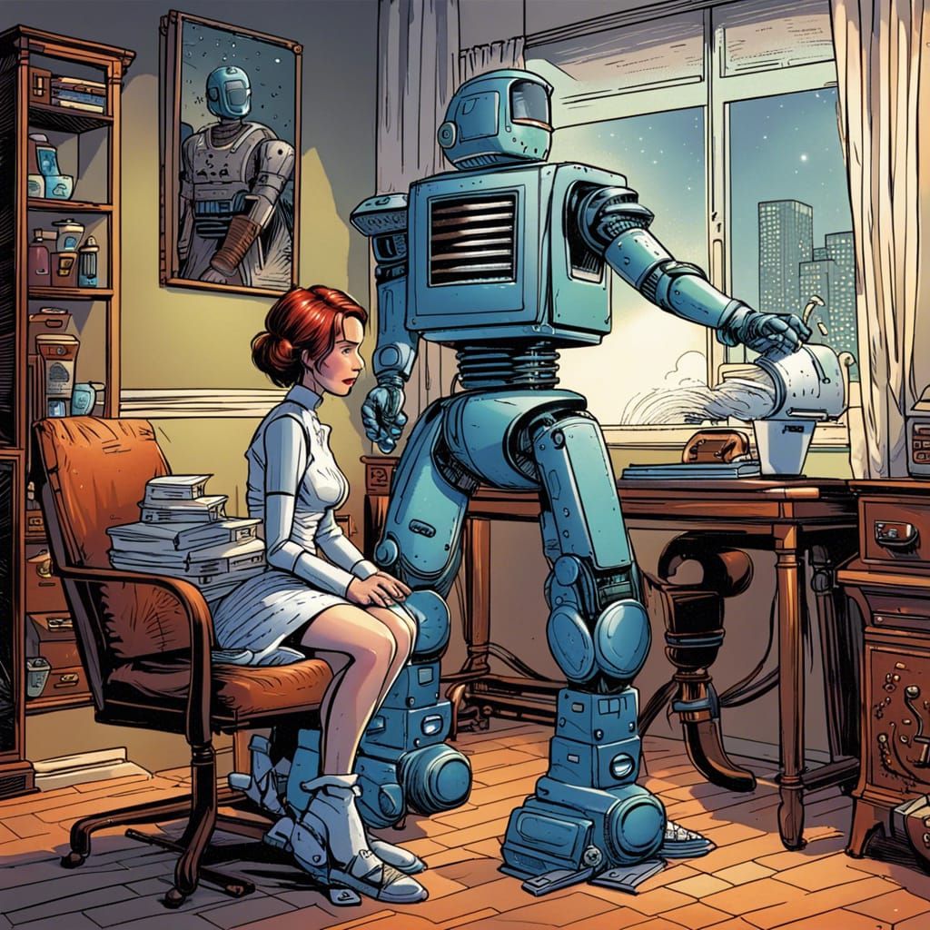 Retrofuturistic Robot Housekeeper in Comic Book Style