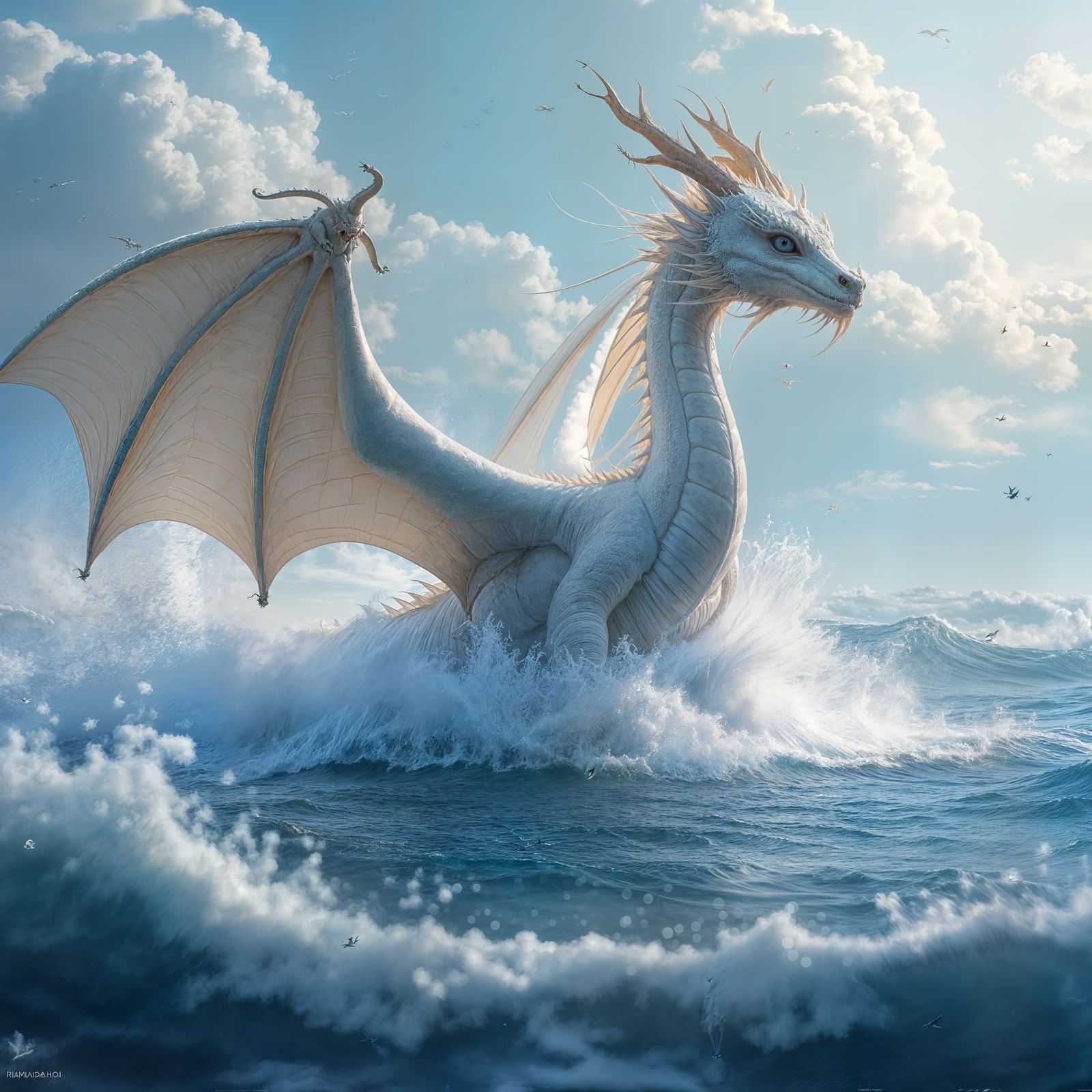 Chinese Cloud Winged Dragon Soaring Over Sea