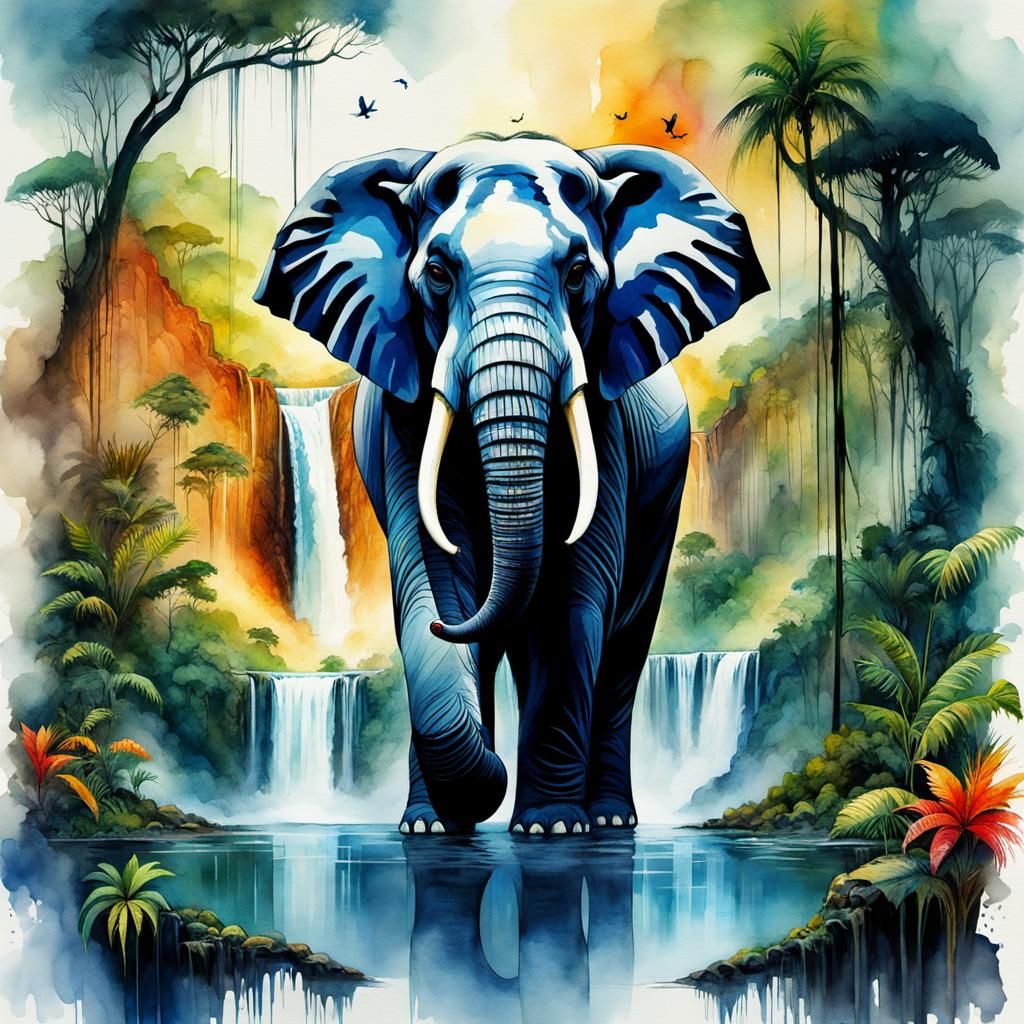 Stunning Elephant in Indian Jungle Waterfall