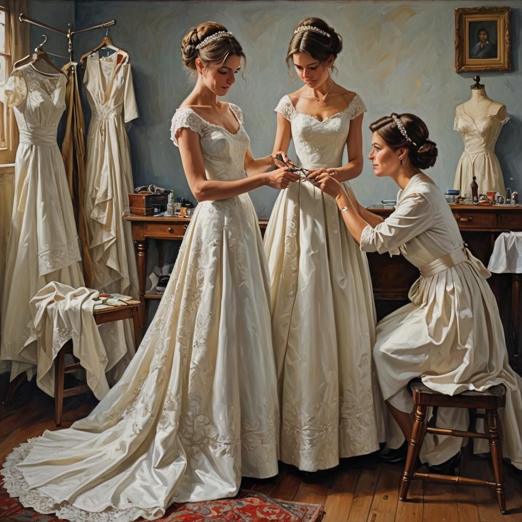 Seamstress Fitting Wedding Dress: Oil Painting