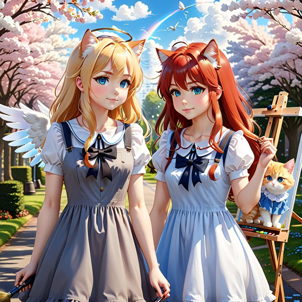 Anime Cat-Girl and Angel Chibi Art, Ghibli Style