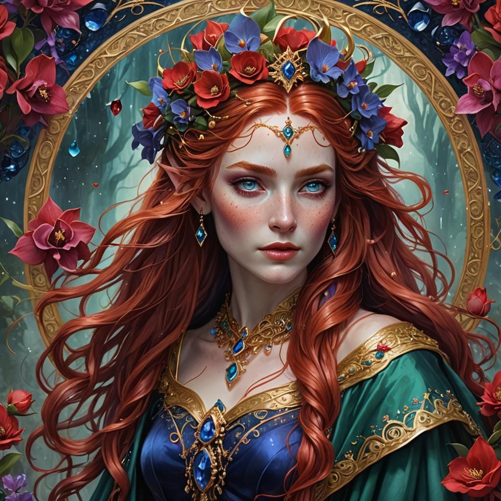 Elven Woman with Red Hair and Flowers