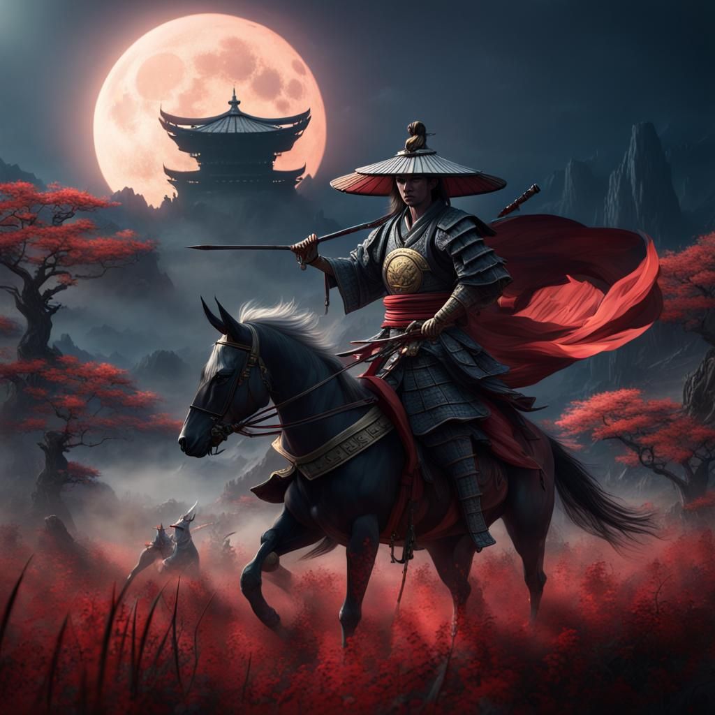 Samurai Meditating on Battlefield in Moonlight: Fantasy Art